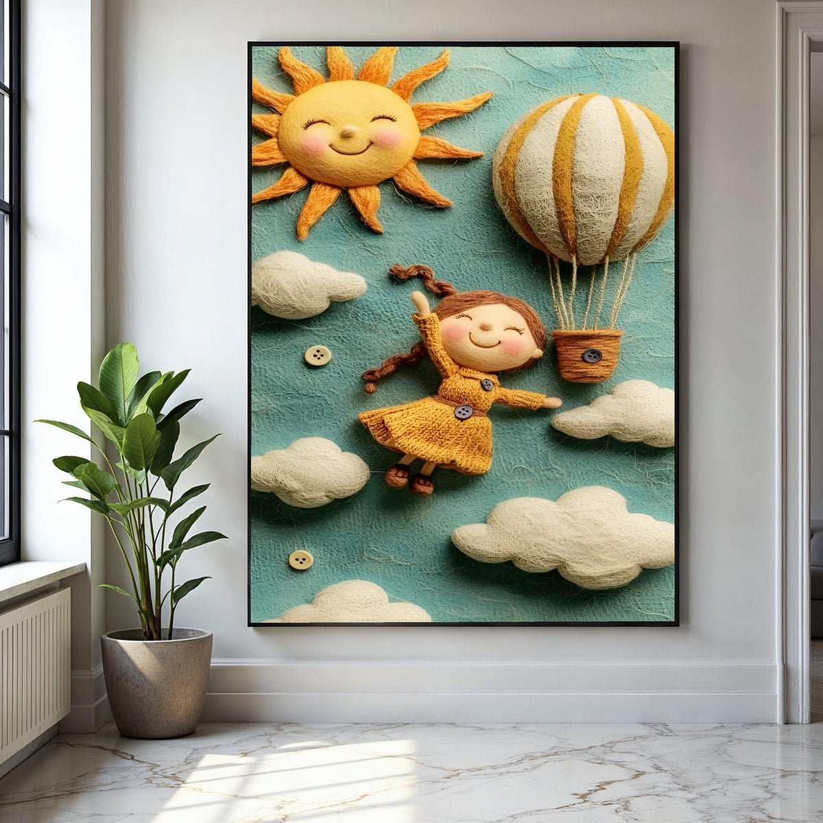 Whimsical Girl Flying Hot Air Balloon, Sunny Sky Canvas Wall Art, Kids Room Decoration, Cheerful Nursery Wall Gift Art, Home Decor, Print