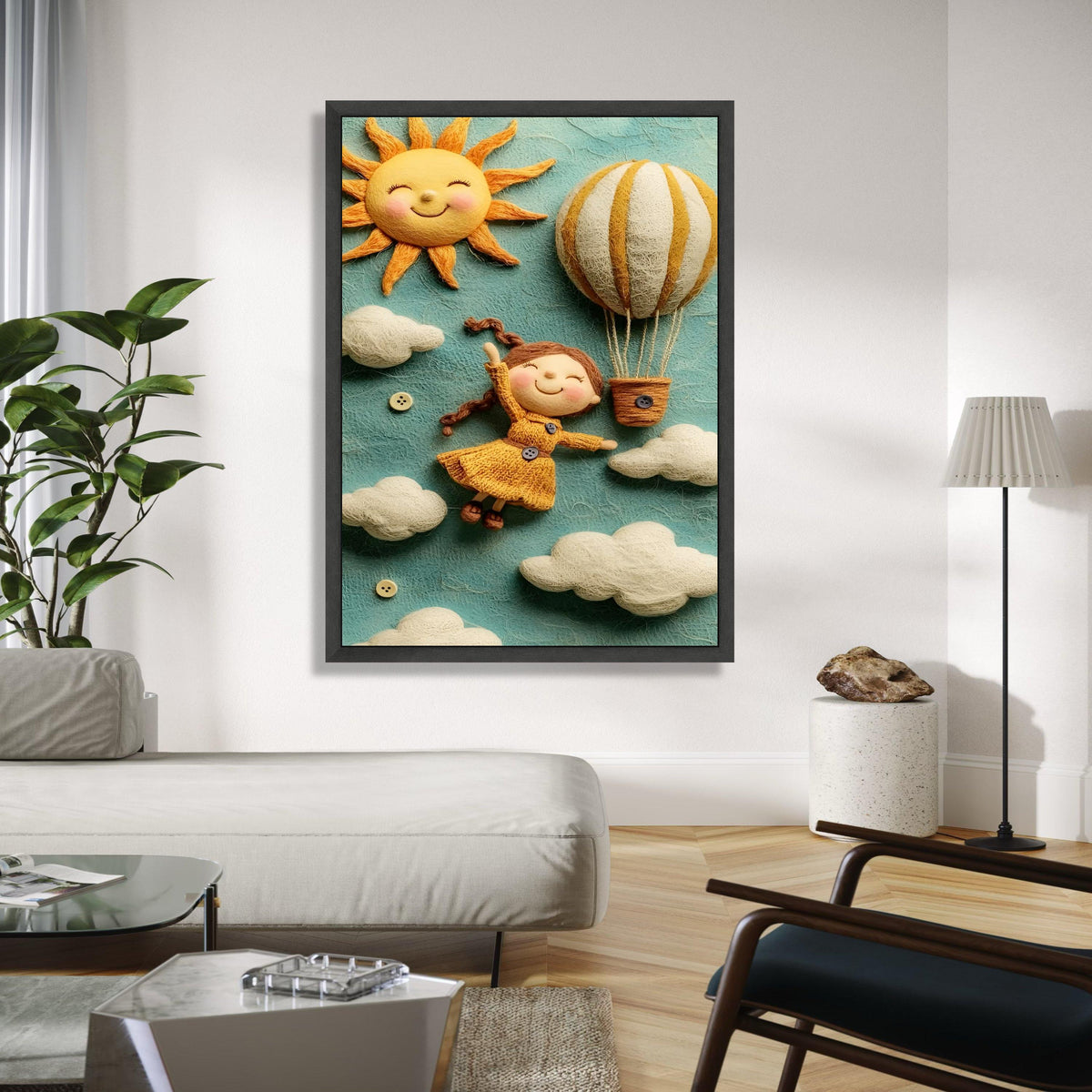 Whimsical Girl Flying Hot Air Balloon, Sunny Sky Canvas Wall Art, Kids Room Decoration, Cheerful Nursery Wall Gift Art, Home Decor, Print