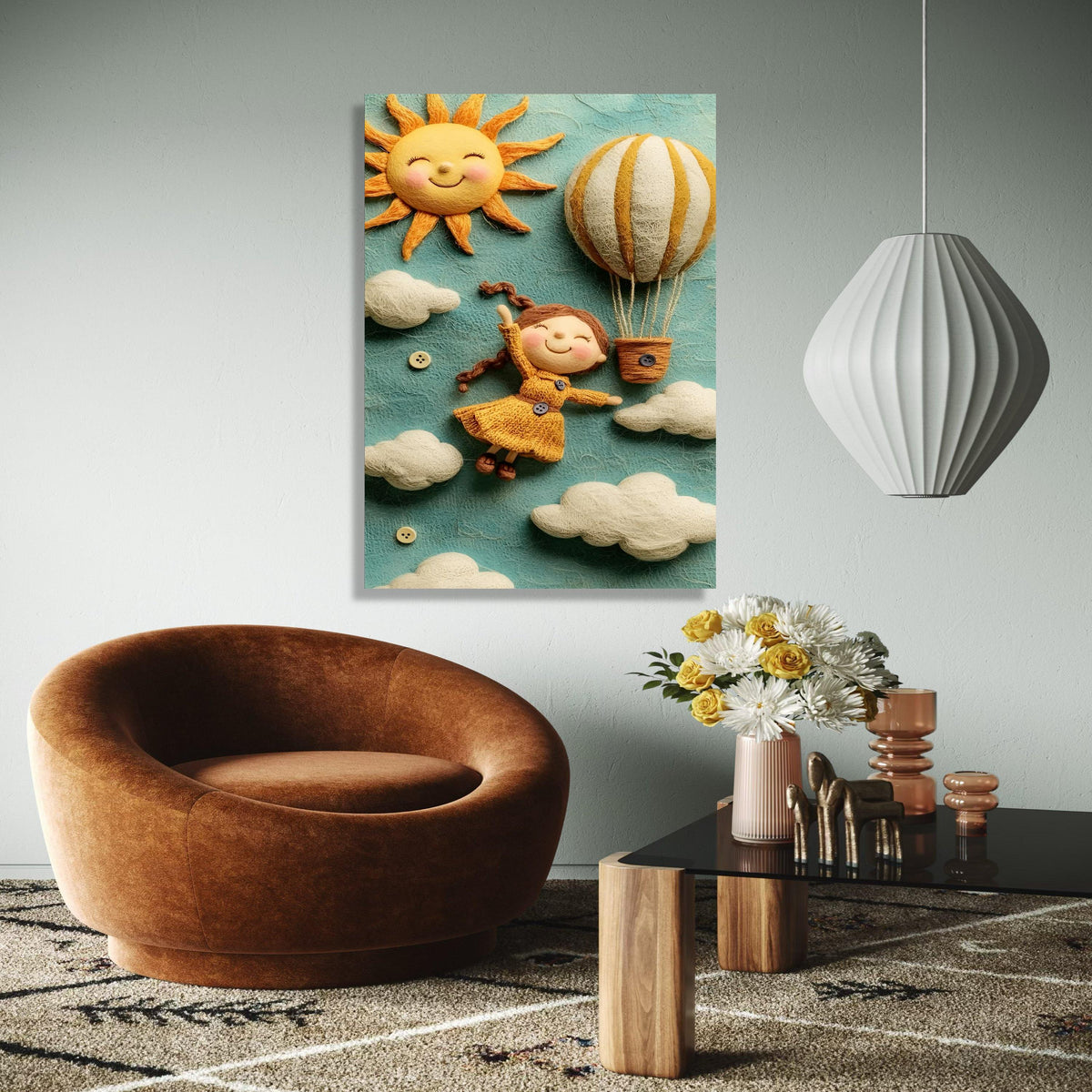 Whimsical Girl Flying Hot Air Balloon, Sunny Sky Canvas Wall Art, Kids Room Decoration, Cheerful Nursery Wall Gift Art, Home Decor, Print