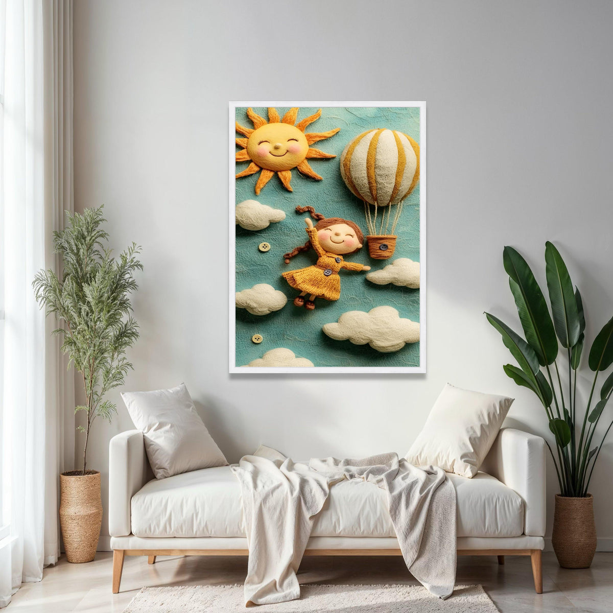 Whimsical Girl Flying Hot Air Balloon, Sunny Sky Canvas Wall Art, Kids Room Decoration, Cheerful Nursery Wall Gift Art, Home Decor, Print