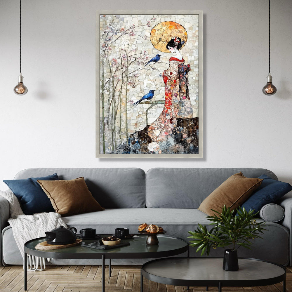 Elegant Geisha in Kimono Canvas Wall Art, Cherry Blossom and Blue Birds, Asian Inspired Decorative Art, Serenity Gift Art, Home Decor, Print