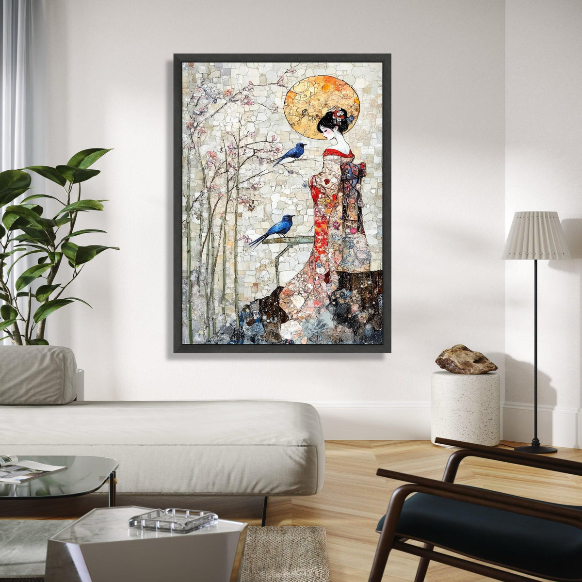 Elegant Geisha in Kimono Canvas Wall Art, Cherry Blossom and Blue Birds, Asian Inspired Decorative Art, Serenity Gift Art, Home Decor, Print