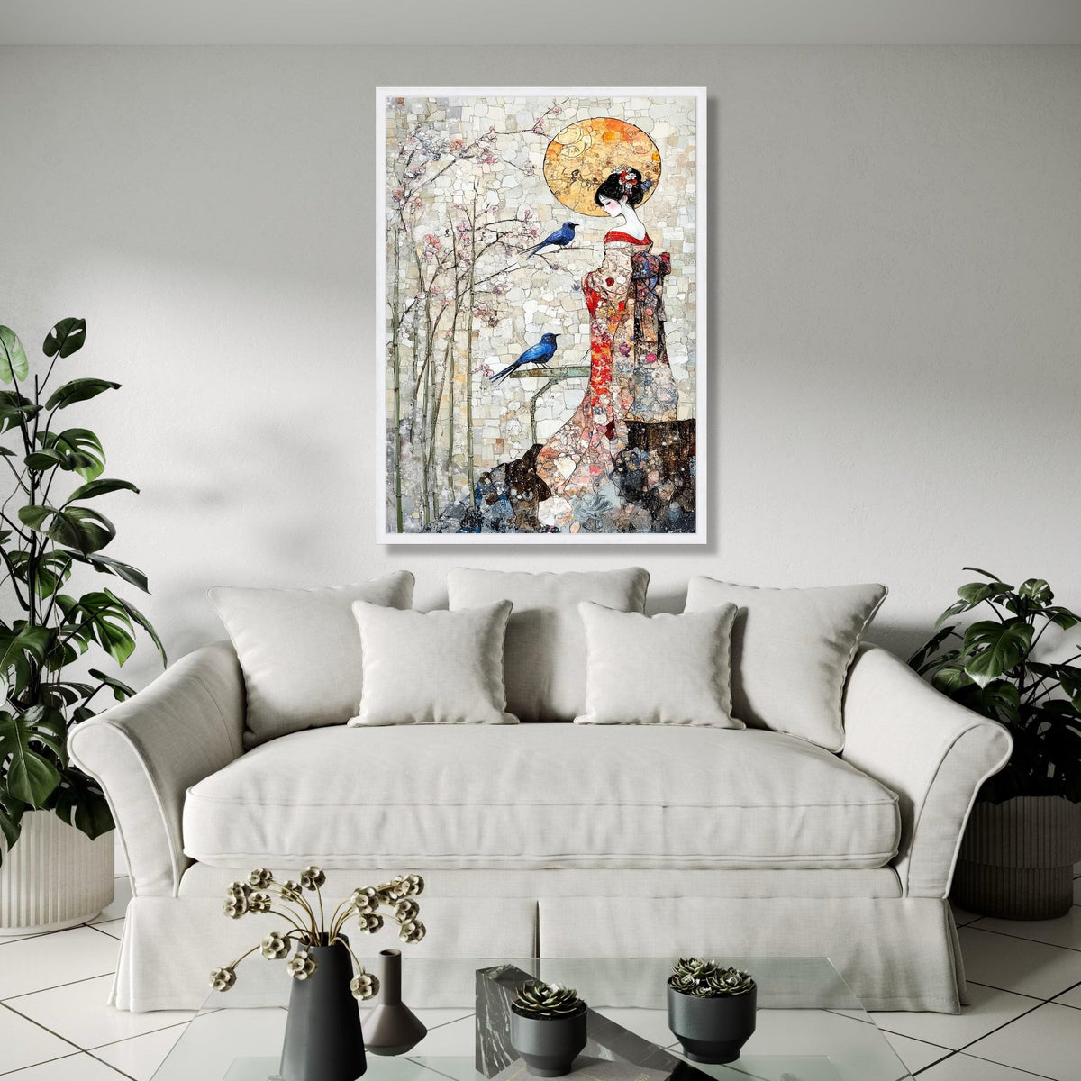 Elegant Geisha in Kimono Canvas Wall Art, Cherry Blossom and Blue Birds, Asian Inspired Decorative Art, Serenity Gift Art, Home Decor, Print