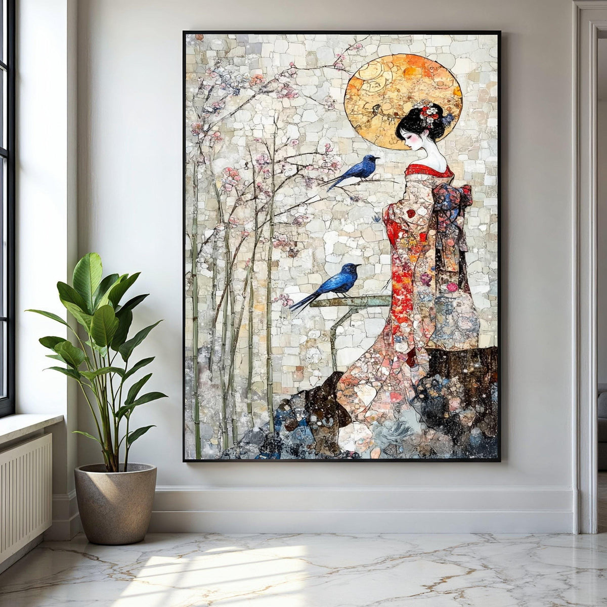 Elegant Geisha in Kimono Canvas Wall Art, Cherry Blossom and Blue Birds, Asian Inspired Decorative Art, Serenity Gift Art, Home Decor, Print