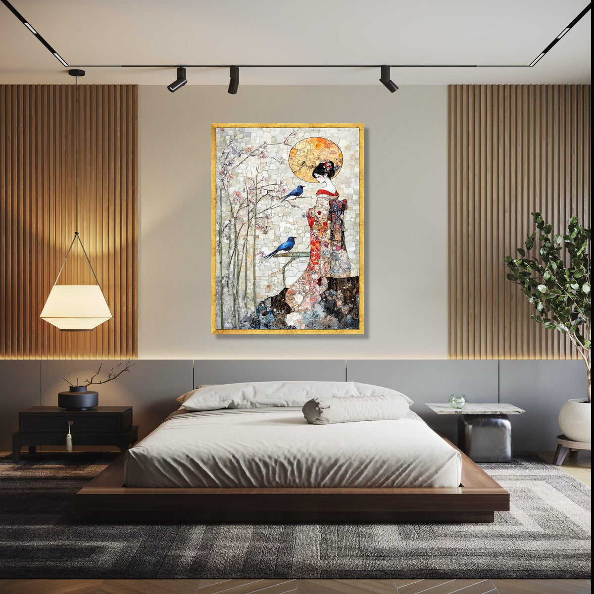 Elegant Geisha in Kimono Canvas Wall Art, Cherry Blossom and Blue Birds, Asian Inspired Decorative Art, Serenity Gift Art, Home Decor, Print