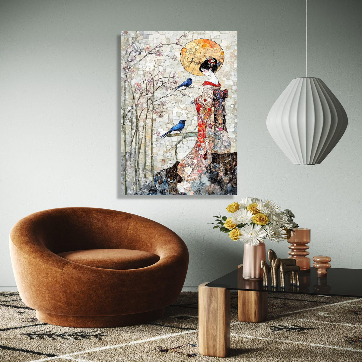 Elegant Geisha in Kimono Canvas Wall Art, Cherry Blossom and Blue Birds, Asian Inspired Decorative Art, Serenity Gift Art, Home Decor, Print