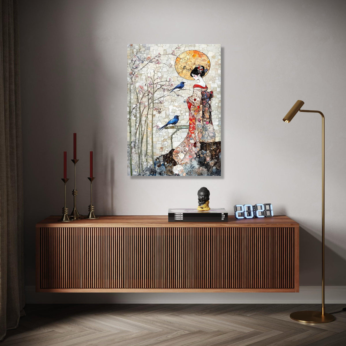 Elegant Geisha in Kimono Canvas Wall Art, Cherry Blossom and Blue Birds, Asian Inspired Decorative Art, Serenity Gift Art, Home Decor, Print