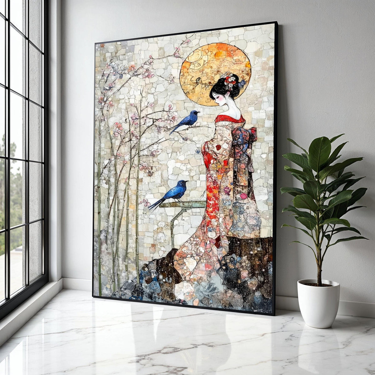 Elegant Geisha in Kimono Canvas Wall Art, Cherry Blossom and Blue Birds, Asian Inspired Decorative Art, Serenity Gift Art, Home Decor, Print