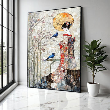 Elegant Geisha in Kimono Canvas Wall Art, Cherry Blossom and Blue Birds, Asian Inspired Decorative Art, Serenity Gift Art, Home Decor, Print