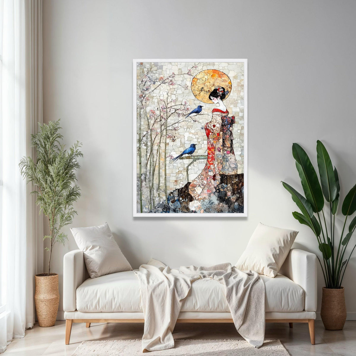 Elegant Geisha in Kimono Canvas Wall Art, Cherry Blossom and Blue Birds, Asian Inspired Decorative Art, Serenity Gift Art, Home Decor, Print