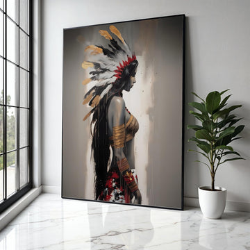 Native American Woman Portrait Canvas, Feather Headdress Wall Art, Tribal Feminine Decor, Modern Ethnic Canvas Gift Art, Home Decor, Print