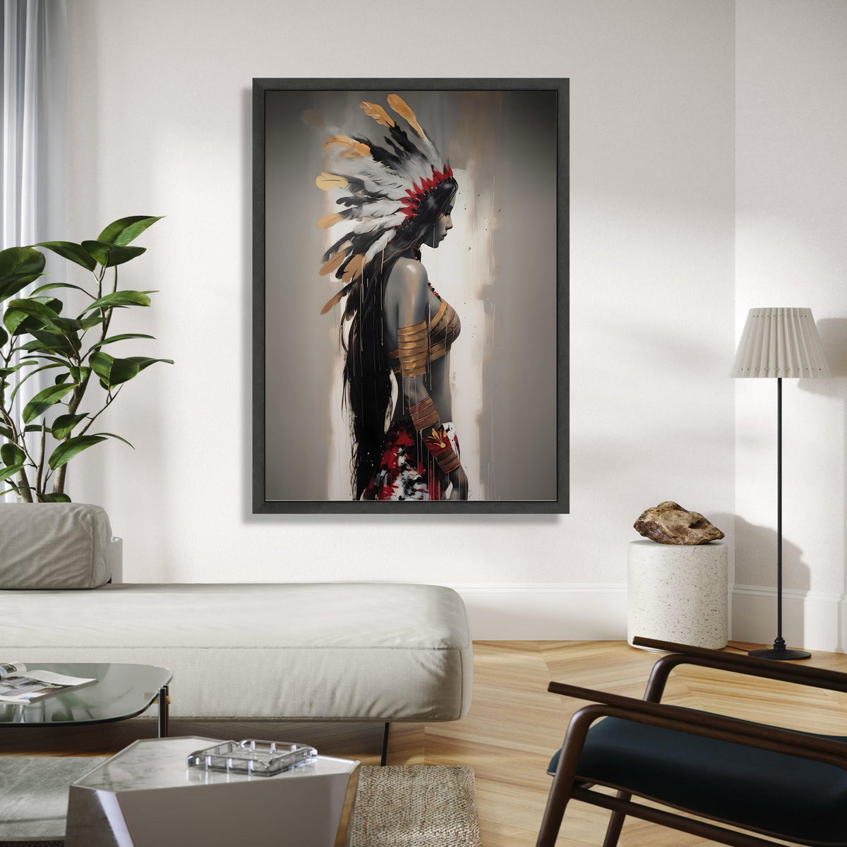 Native American Woman Portrait Canvas, Feather Headdress Wall Art, Tribal Feminine Decor, Modern Ethnic Canvas Gift Art, Home Decor, Print