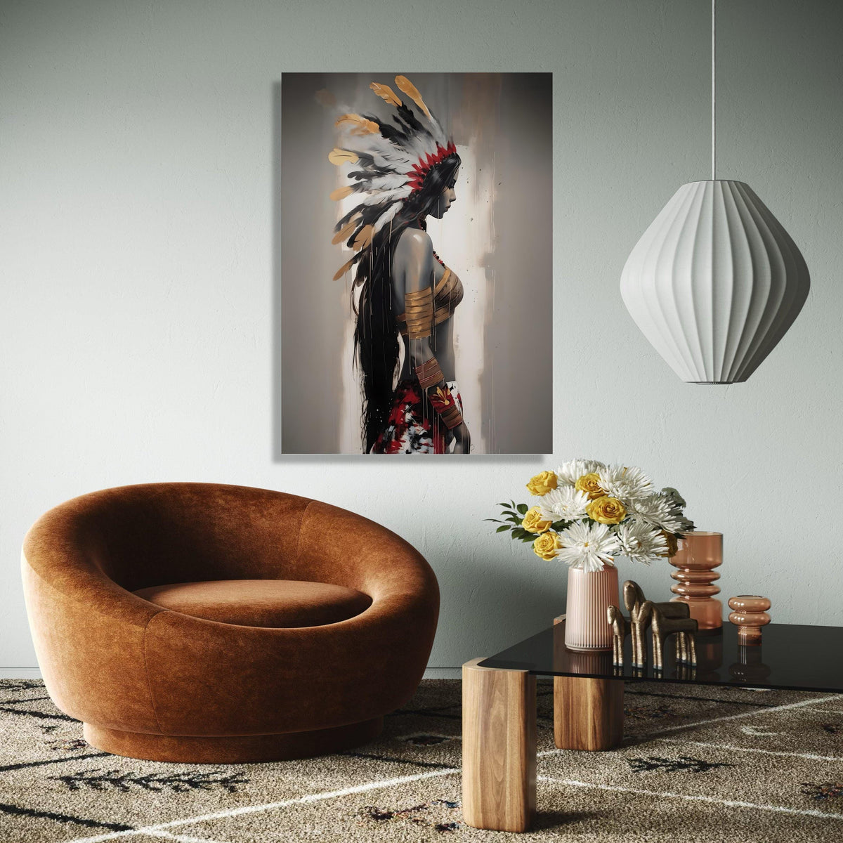 Native American Woman Portrait Canvas, Feather Headdress Wall Art, Tribal Feminine Decor, Modern Ethnic Canvas Gift Art, Home Decor, Print