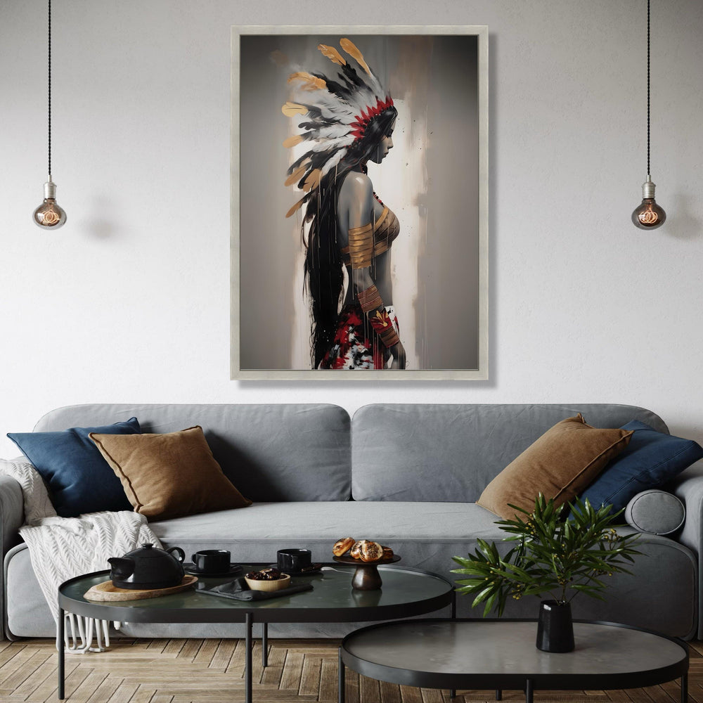 Native American Woman Portrait Canvas, Feather Headdress Wall Art, Tribal Feminine Decor, Modern Ethnic Canvas Gift Art, Home Decor, Print