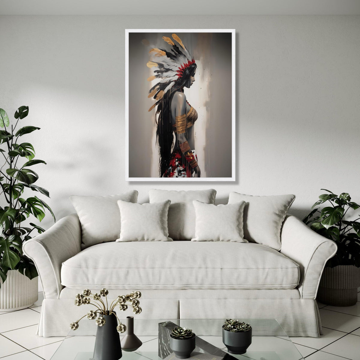 Native American Woman Portrait Canvas, Feather Headdress Wall Art, Tribal Feminine Decor, Modern Ethnic Canvas Gift Art, Home Decor, Print