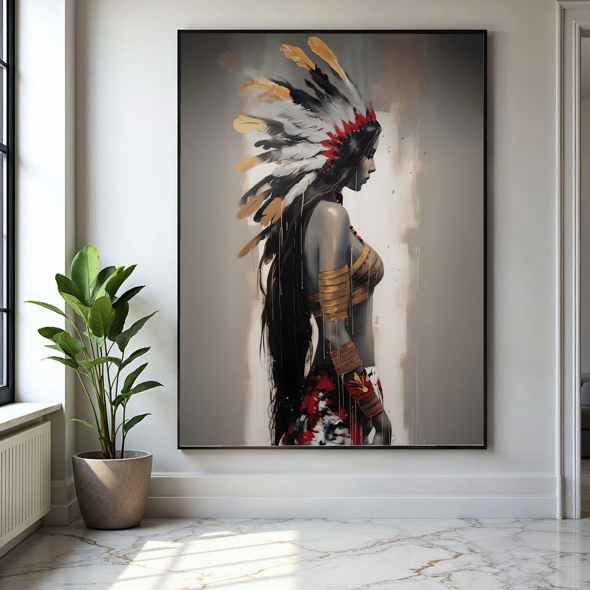 Native American Woman Portrait Canvas, Feather Headdress Wall Art, Tribal Feminine Decor, Modern Ethnic Canvas Gift Art, Home Decor, Print