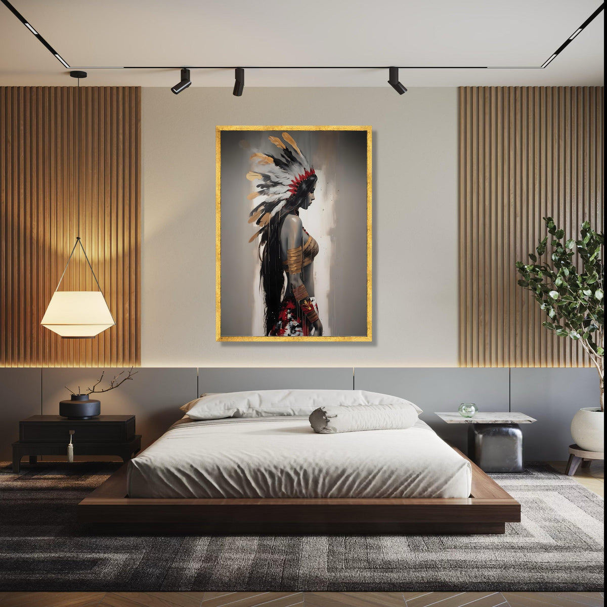 Native American Woman Portrait Canvas, Feather Headdress Wall Art, Tribal Feminine Decor, Modern Ethnic Canvas Gift Art, Home Decor, Print