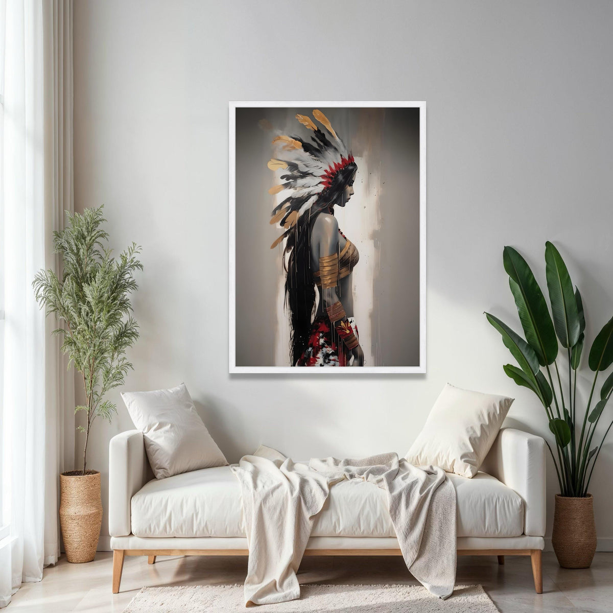 Native American Woman Portrait Canvas, Feather Headdress Wall Art, Tribal Feminine Decor, Modern Ethnic Canvas Gift Art, Home Decor, Print