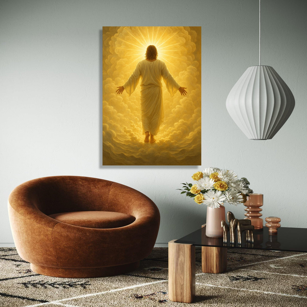 Radiant Divine Light, Spiritual Jesus Canvas Wall Art, Glowing Heavenly Clouds, Inspirational Christian Home Gift Art, Home Decor, Print