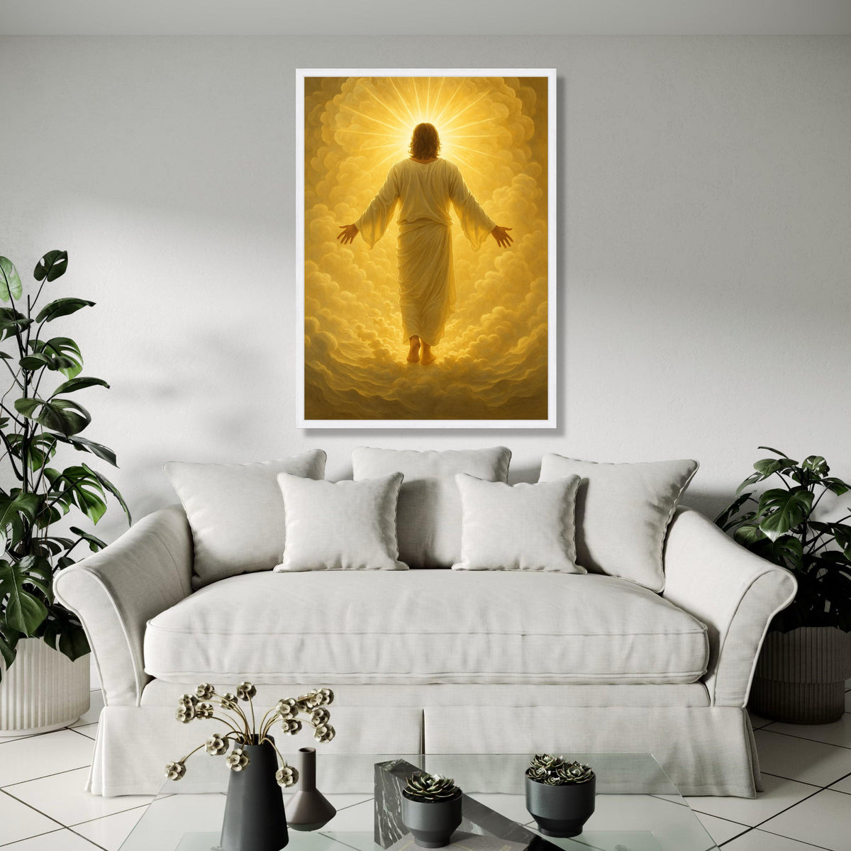Radiant Divine Light, Spiritual Jesus Canvas Wall Art, Glowing Heavenly Clouds, Inspirational Christian Home Gift Art, Home Decor, Print