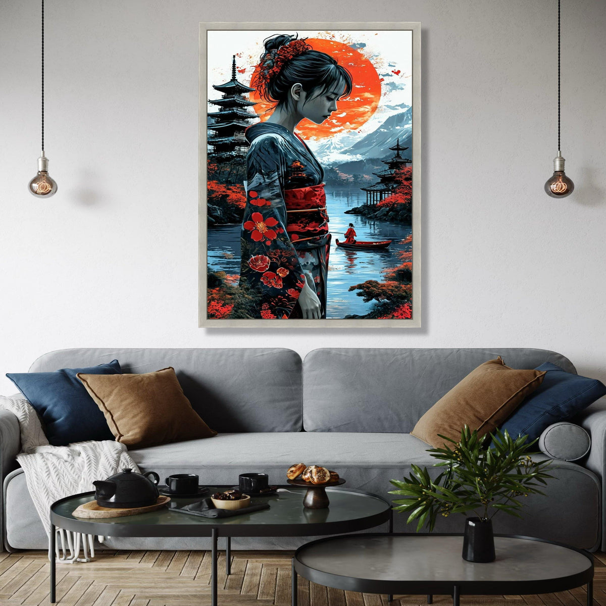 Elegant Japanese Geisha Canvas Wall Art, Red Sun Landscape, Traditional Kimono Illustration, Asian Culture Gift Art, Home Decor, Print