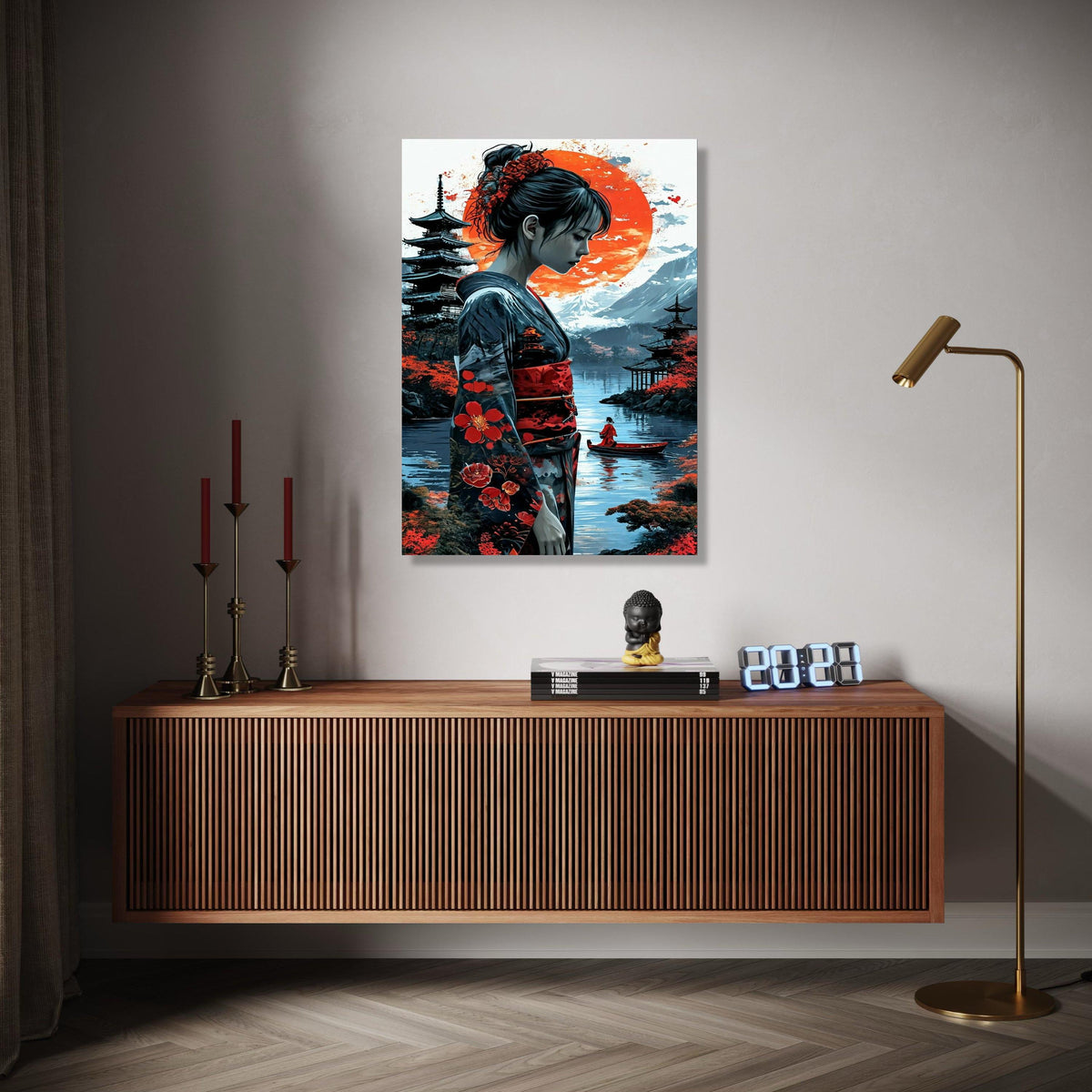Elegant Japanese Geisha Canvas Wall Art, Red Sun Landscape, Traditional Kimono Illustration, Asian Culture Gift Art, Home Decor, Print