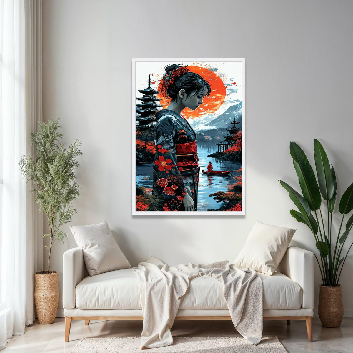 Elegant Japanese Geisha Canvas Wall Art, Red Sun Landscape, Traditional Kimono Illustration, Asian Culture Gift Art, Home Decor, Print