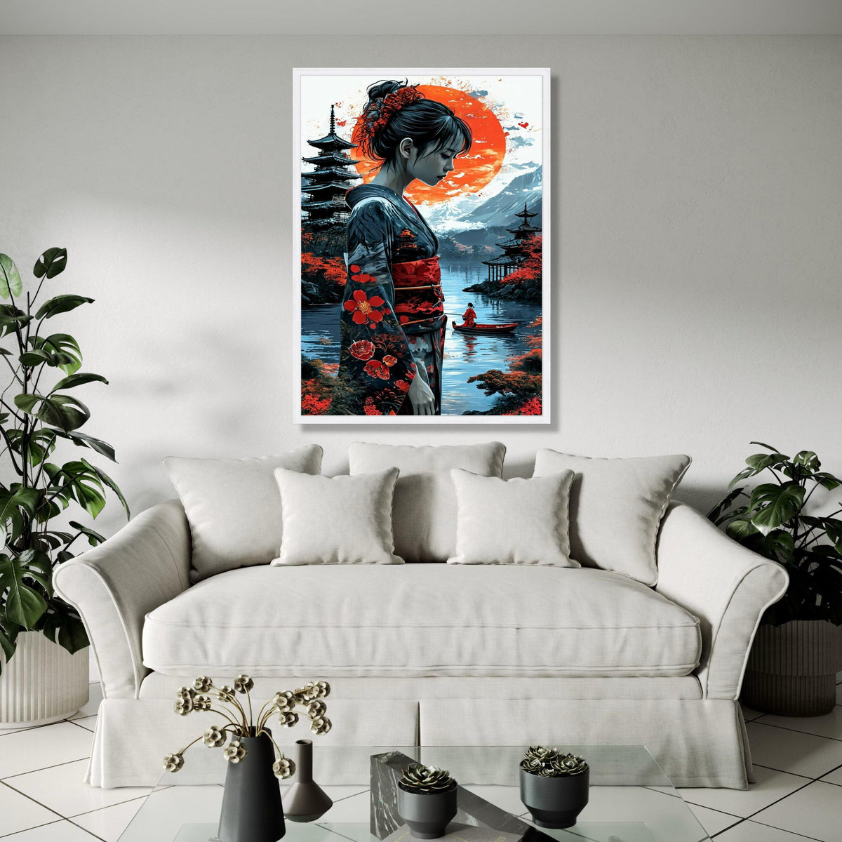 Elegant Japanese Geisha Canvas Wall Art, Red Sun Landscape, Traditional Kimono Illustration, Asian Culture Gift Art, Home Decor, Print