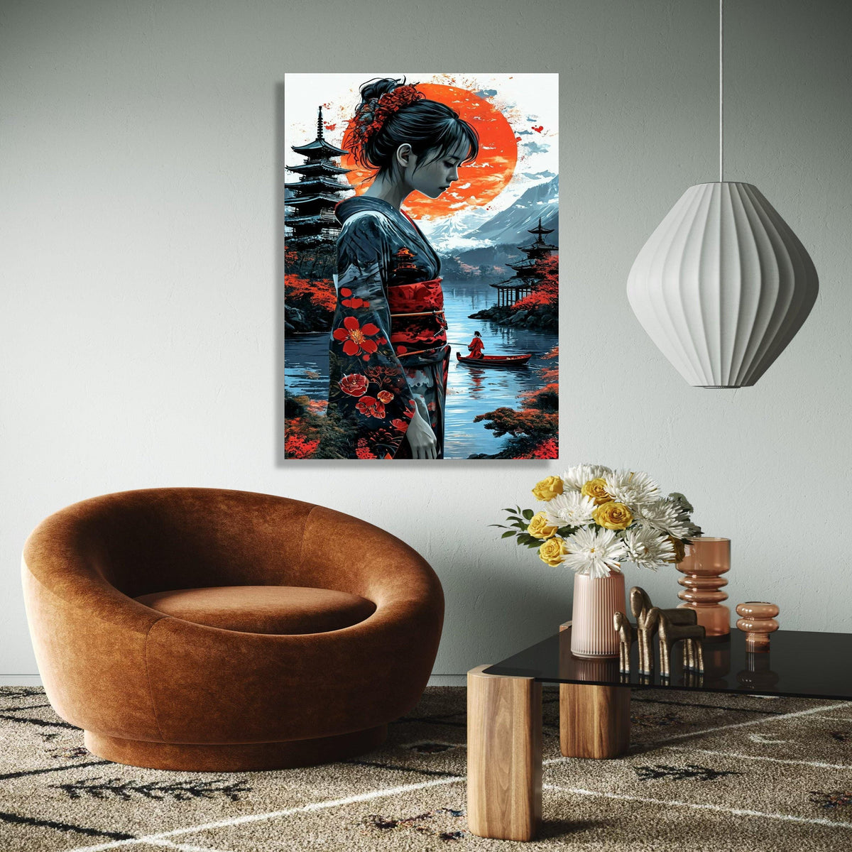 Elegant Japanese Geisha Canvas Wall Art, Red Sun Landscape, Traditional Kimono Illustration, Asian Culture Gift Art, Home Decor, Print