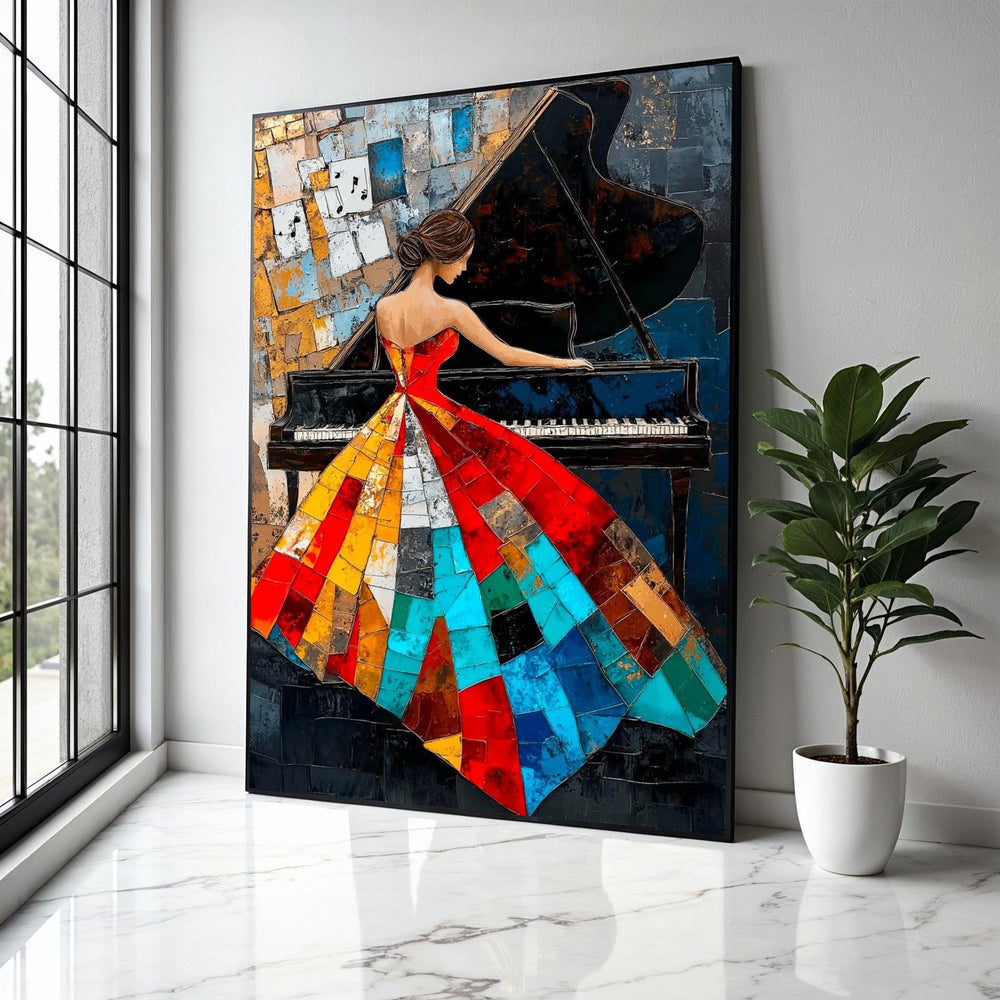 Abstract Woman Playing Piano Canvas, Colorful Patchwork Dress Art, Music Themed Wall Decor, Modern Artistic Gift Art, Home Decor, Print
