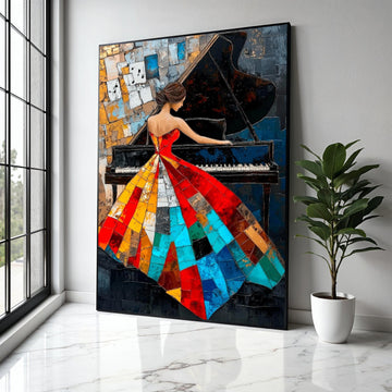 Abstract Woman Playing Piano Canvas, Colorful Patchwork Dress Art, Music Themed Wall Decor, Modern Artistic Gift Art, Home Decor, Print