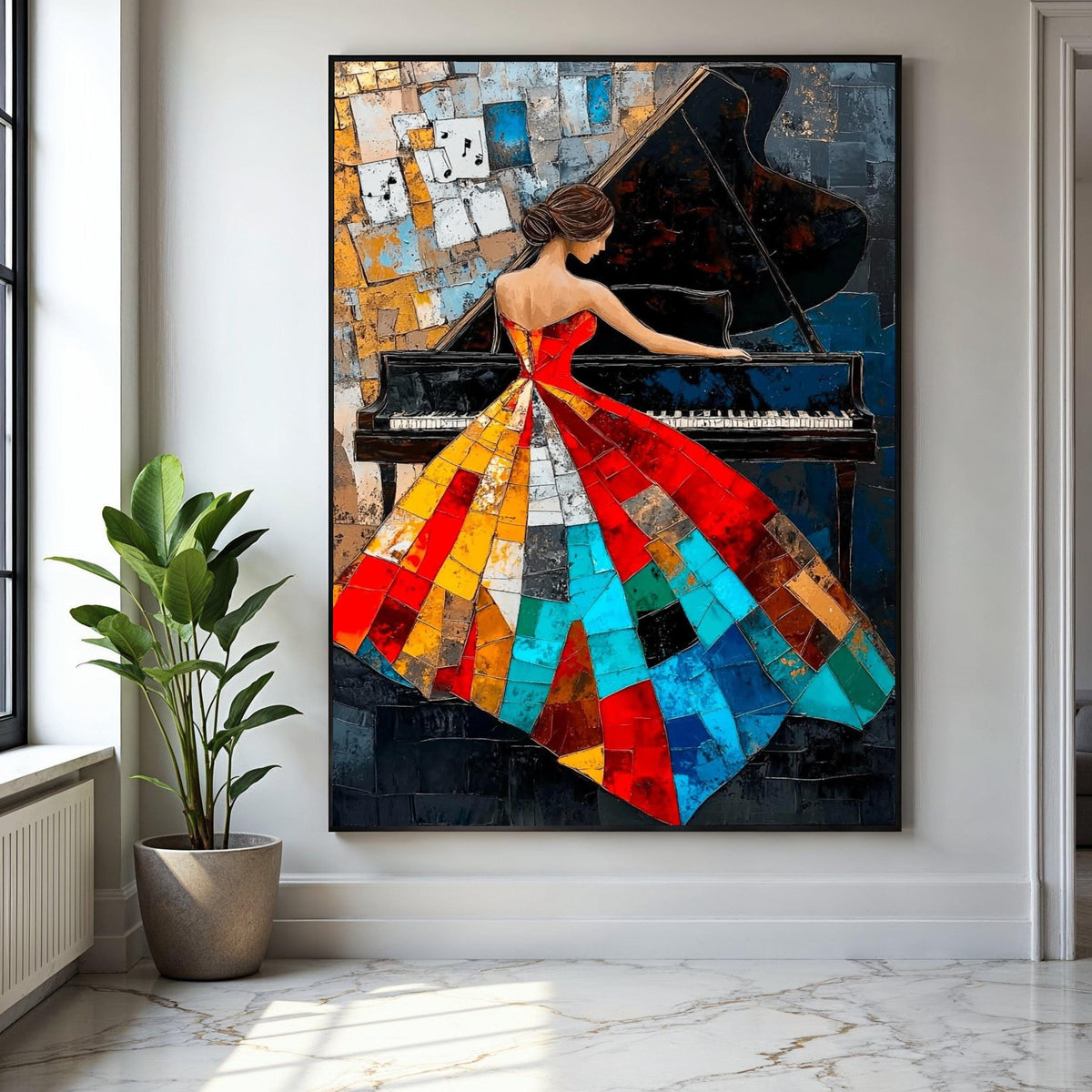 Abstract Woman Playing Piano Canvas, Colorful Patchwork Dress Art, Music Themed Wall Decor, Modern Artistic Gift Art, Home Decor, Print