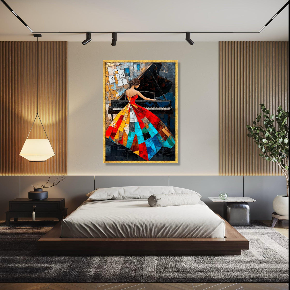 Abstract Woman Playing Piano Canvas, Colorful Patchwork Dress Art, Music Themed Wall Decor, Modern Artistic Gift Art, Home Decor, Print