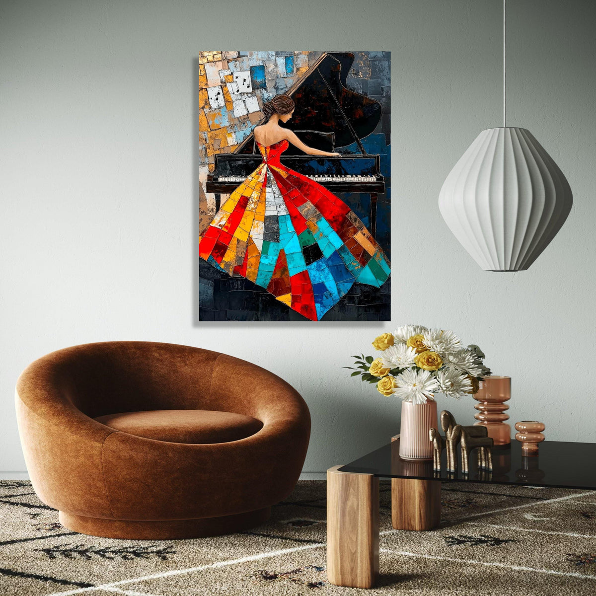 Abstract Woman Playing Piano Canvas, Colorful Patchwork Dress Art, Music Themed Wall Decor, Modern Artistic Gift Art, Home Decor, Print