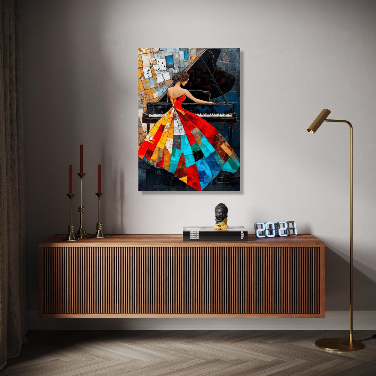 Abstract Woman Playing Piano Canvas, Colorful Patchwork Dress Art, Music Themed Wall Decor, Modern Artistic Gift Art, Home Decor, Print