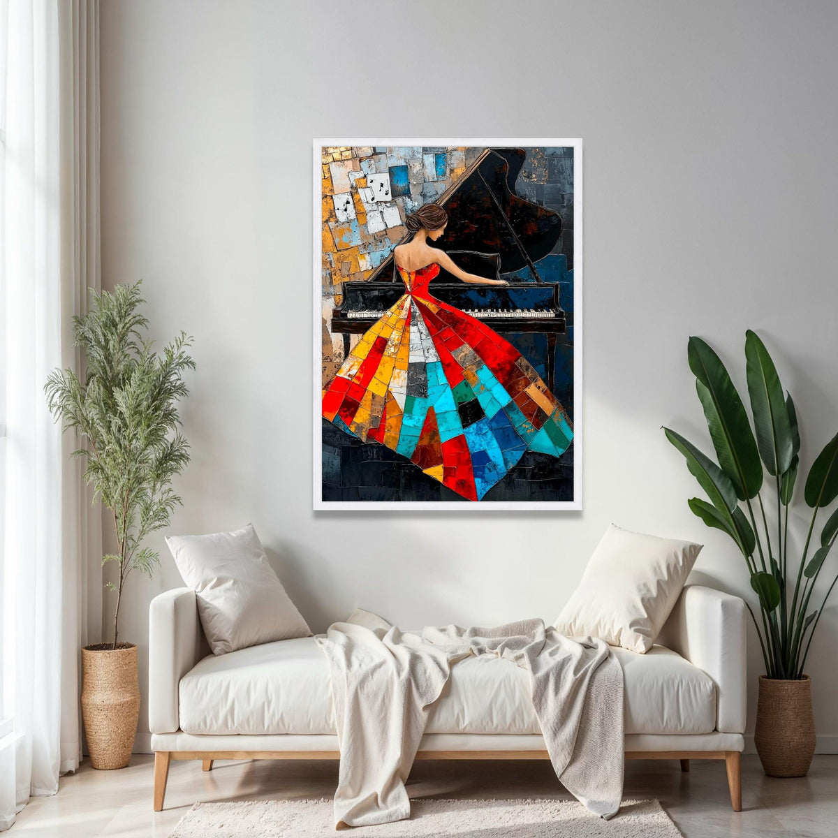 Abstract Woman Playing Piano Canvas, Colorful Patchwork Dress Art, Music Themed Wall Decor, Modern Artistic Gift Art, Home Decor, Print
