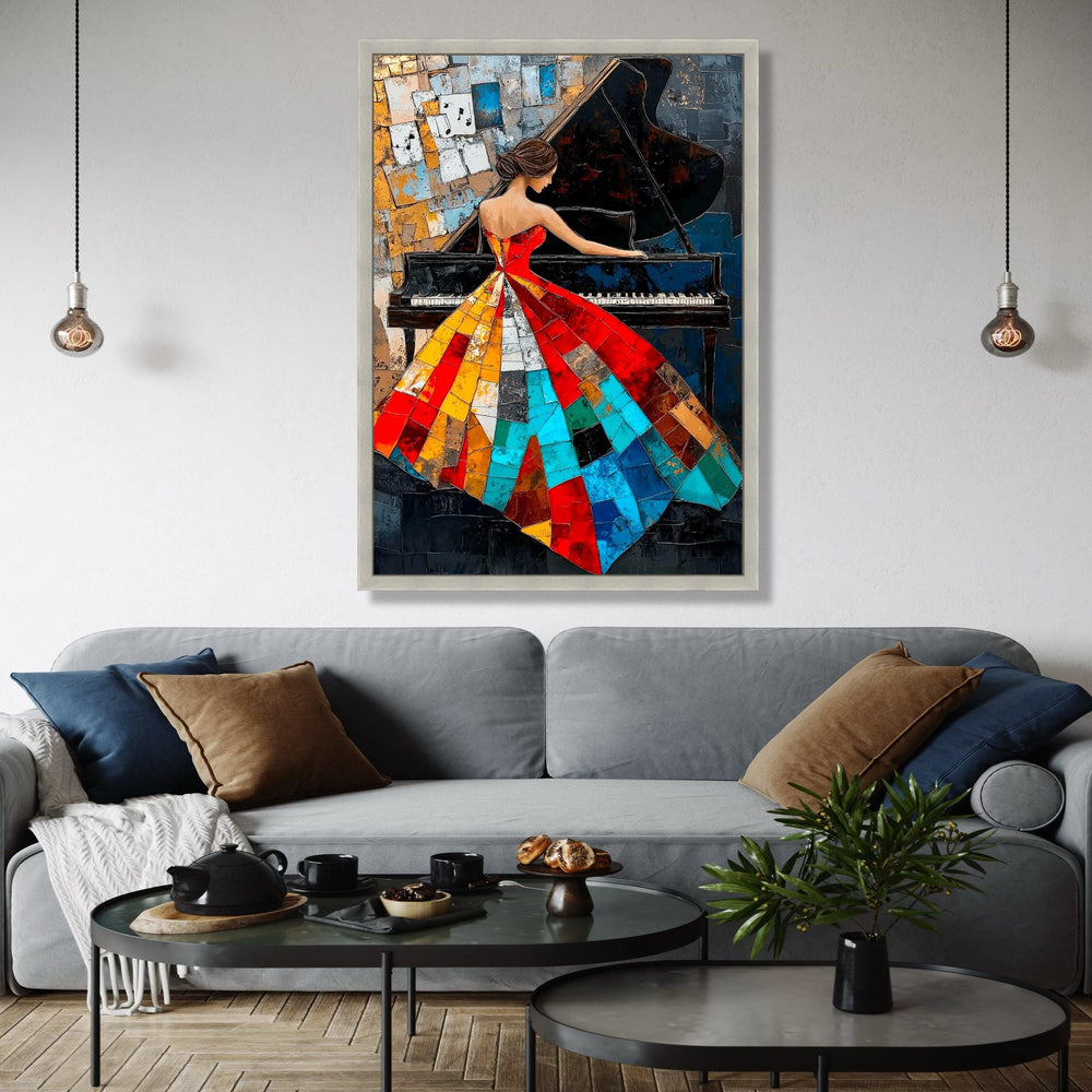 Abstract Woman Playing Piano Canvas, Colorful Patchwork Dress Art, Music Themed Wall Decor, Modern Artistic Gift Art, Home Decor, Print