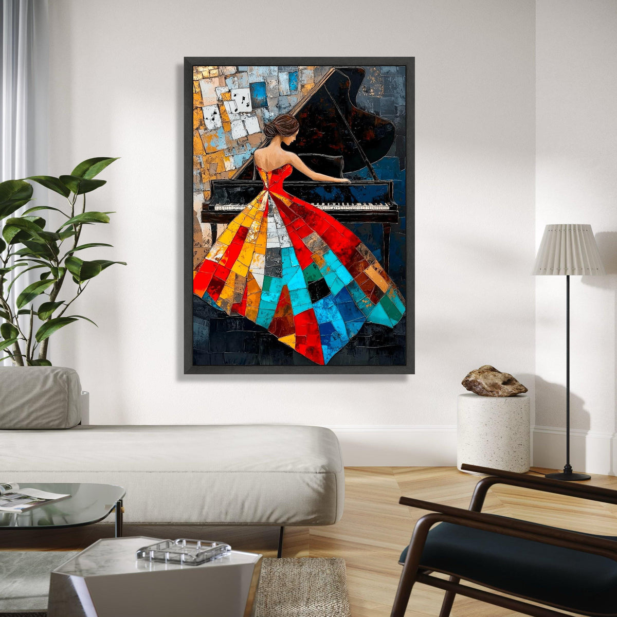 Abstract Woman Playing Piano Canvas, Colorful Patchwork Dress Art, Music Themed Wall Decor, Modern Artistic Gift Art, Home Decor, Print