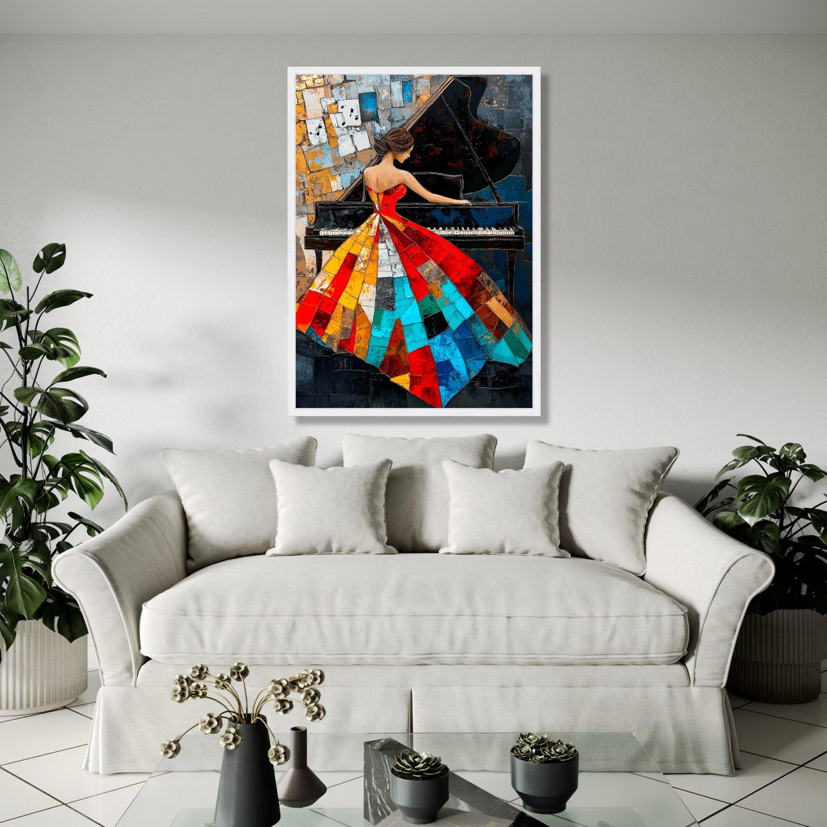Abstract Woman Playing Piano Canvas, Colorful Patchwork Dress Art, Music Themed Wall Decor, Modern Artistic Gift Art, Home Decor, Print