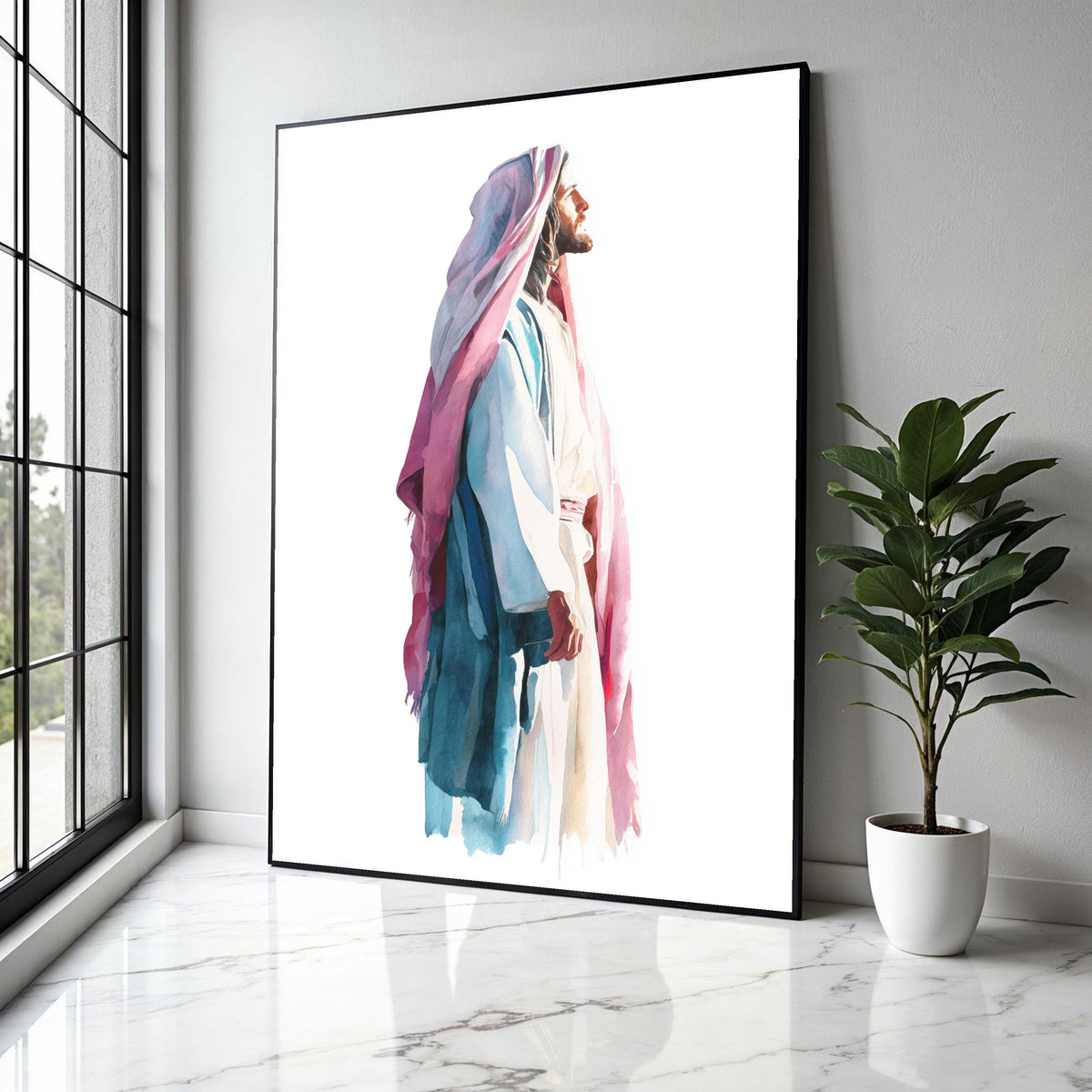 Peaceful Jesus Portrait, Watercolor Religious Canvas Art, Christian Home Decor, Inspirational Wall Hanging, Gift Art, Home Decor, Print