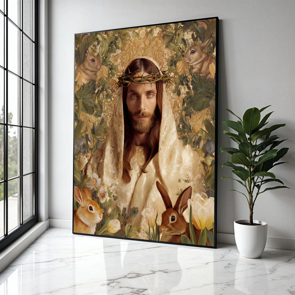 Jesus Portrait Canvas Wall Art, Crown of Thorns Religious Canvas, Spiritual Home Decor, Easter Bunny Floral Gift Art, Home Decor, Print