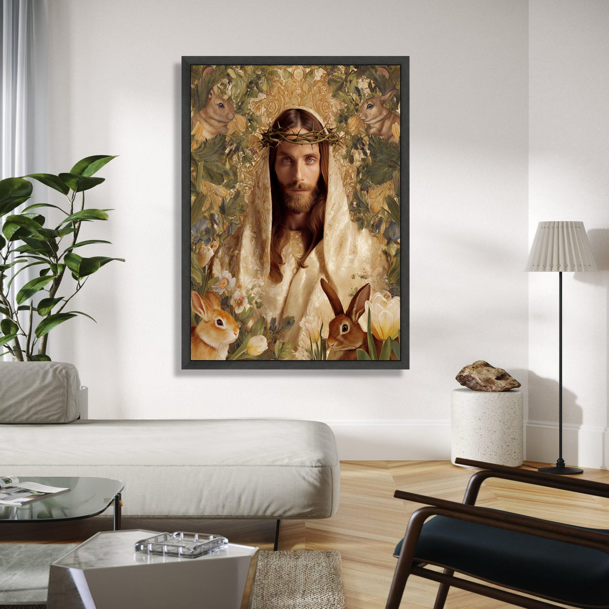 Jesus Portrait Canvas Wall Art, Crown of Thorns Religious Canvas, Spiritual Home Decor, Easter Bunny Floral Gift Art, Home Decor, Print