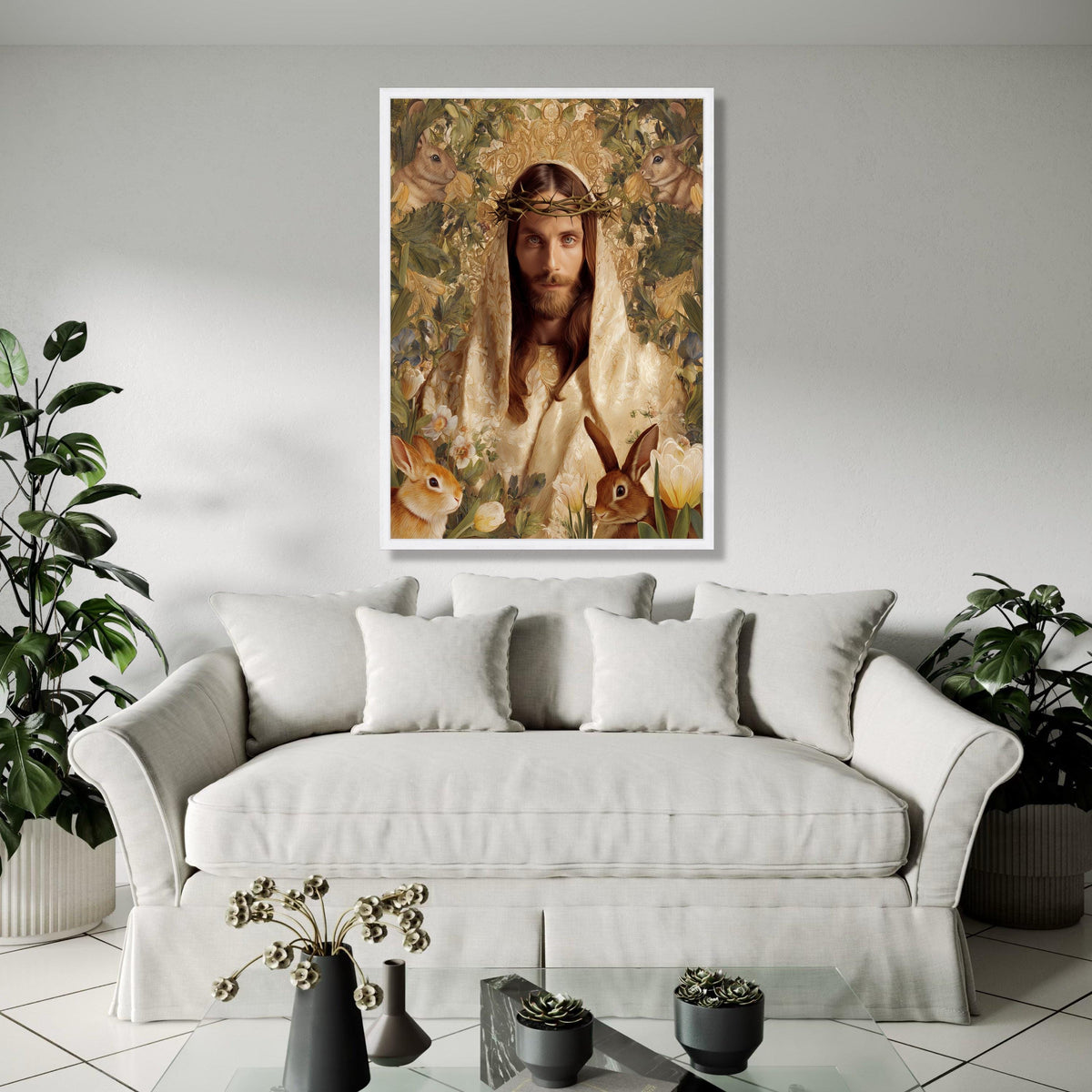 Jesus Portrait Canvas Wall Art, Crown of Thorns Religious Canvas, Spiritual Home Decor, Easter Bunny Floral Gift Art, Home Decor, Print