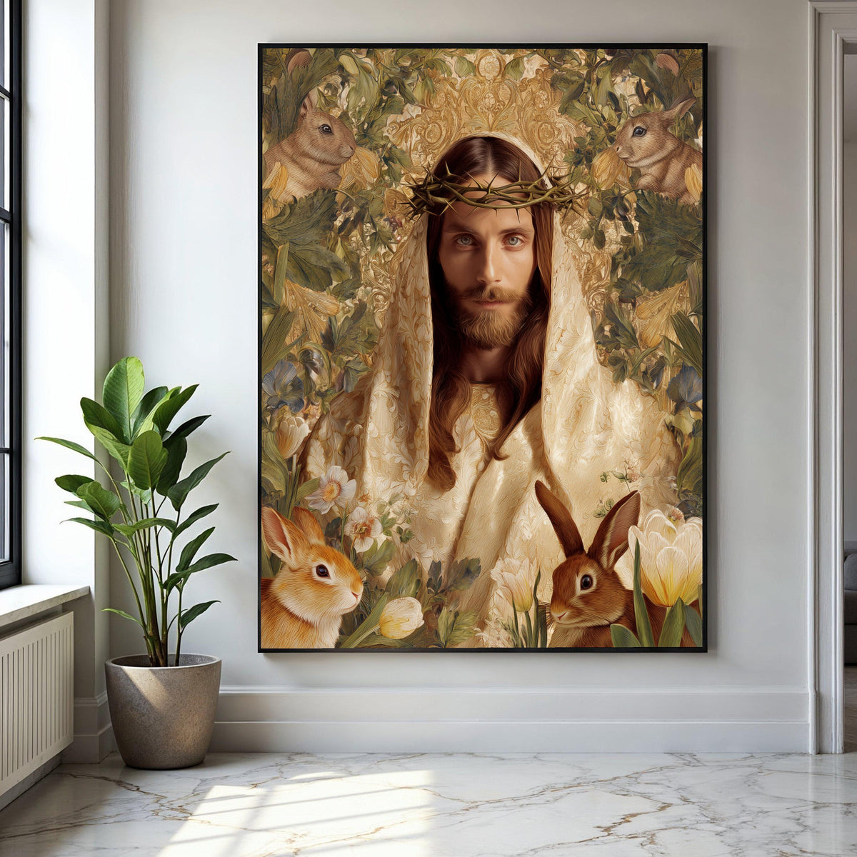Jesus Portrait Canvas Wall Art, Crown of Thorns Religious Canvas, Spiritual Home Decor, Easter Bunny Floral Gift Art, Home Decor, Print