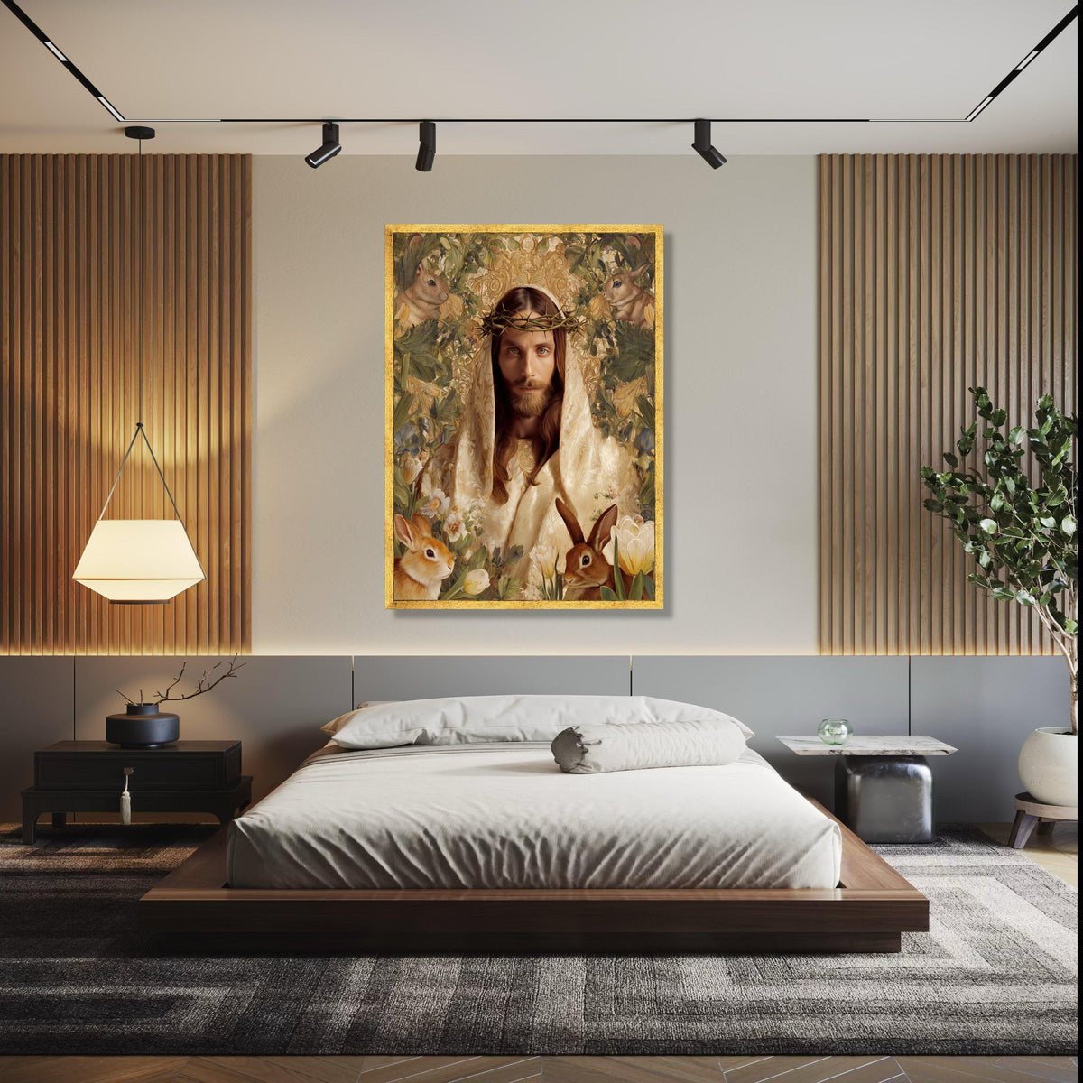 Jesus Portrait Canvas Wall Art, Crown of Thorns Religious Canvas, Spiritual Home Decor, Easter Bunny Floral Gift Art, Home Decor, Print