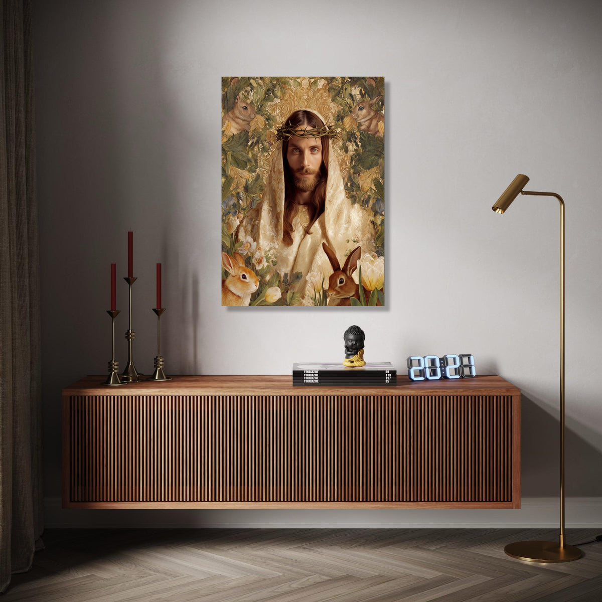 Jesus Portrait Canvas Wall Art, Crown of Thorns Religious Canvas, Spiritual Home Decor, Easter Bunny Floral Gift Art, Home Decor, Print