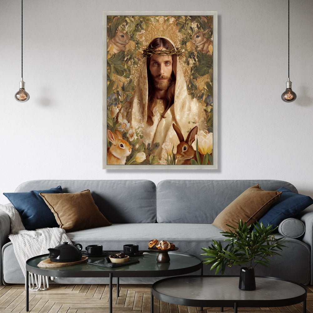 Jesus Portrait Canvas Wall Art, Crown of Thorns Religious Canvas, Spiritual Home Decor, Easter Bunny Floral Gift Art, Home Decor, Print