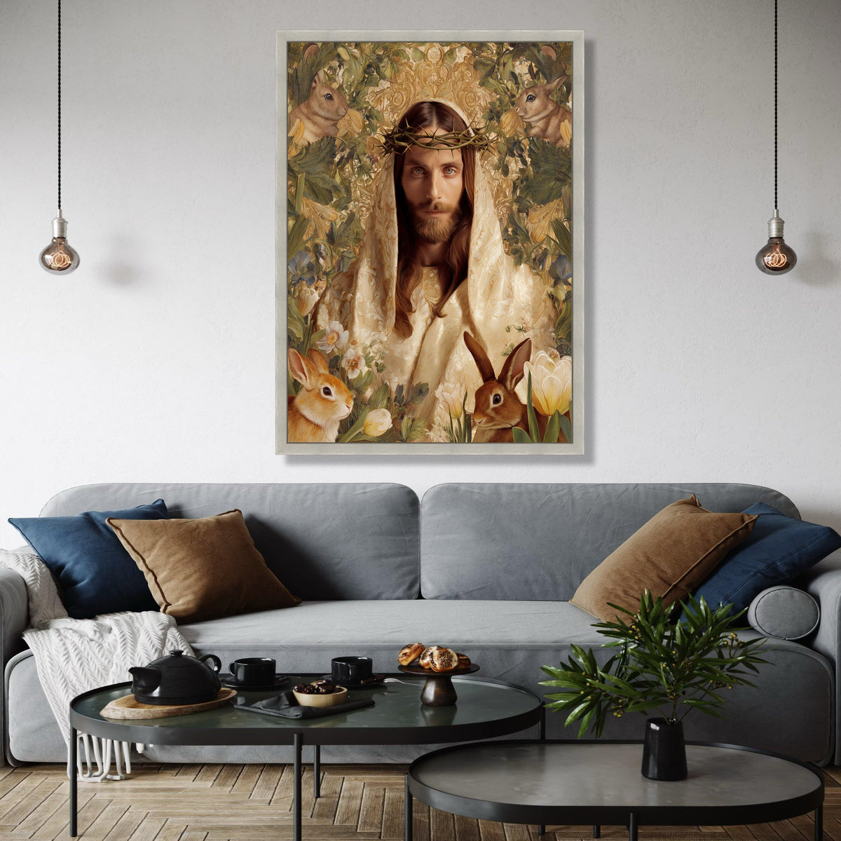 Jesus Portrait Canvas Wall Art, Crown of Thorns Religious Canvas, Spiritual Home Decor, Easter Bunny Floral Gift Art, Home Decor, Print