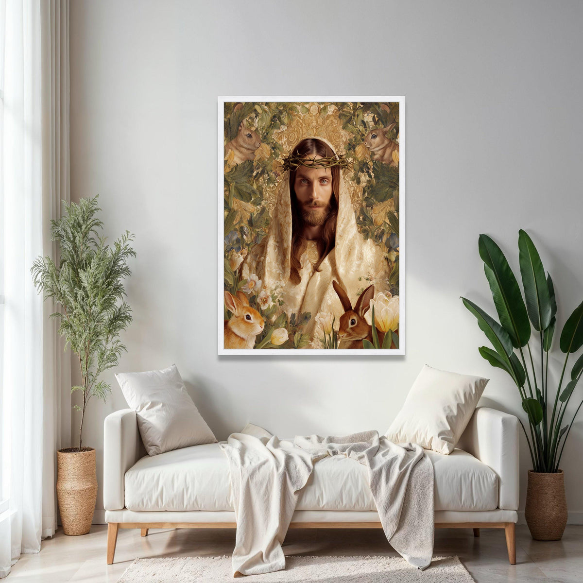 Jesus Portrait Canvas Wall Art, Crown of Thorns Religious Canvas, Spiritual Home Decor, Easter Bunny Floral Gift Art, Home Decor, Print