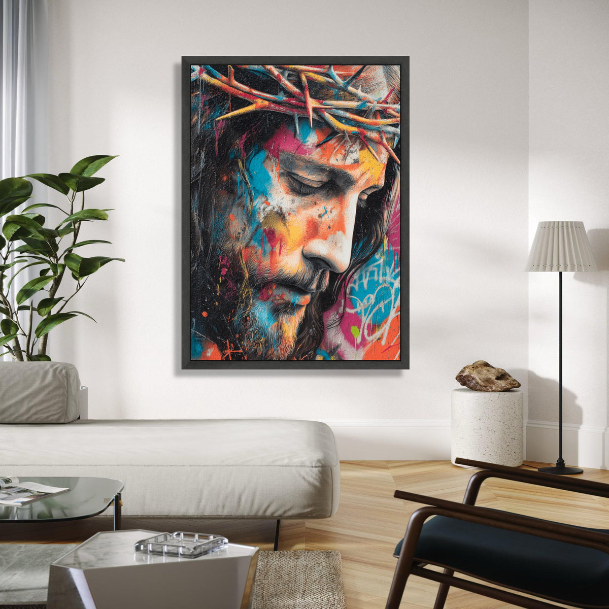 Modern Jesus Portrait Canvas Wall Art, Crown of Thorns Painting, Colorful Religious Decor, Spiritual Canvas Gift Art, Home Decor, Print